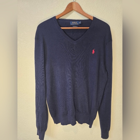 Polo Ralph Lauren Mens V-Neck Sweater Size Med  100% Pima Cotton Navy Blue Logo - Picture 7 of 9